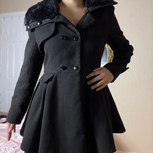 Black mini dress Coat with Faux Fur Collar